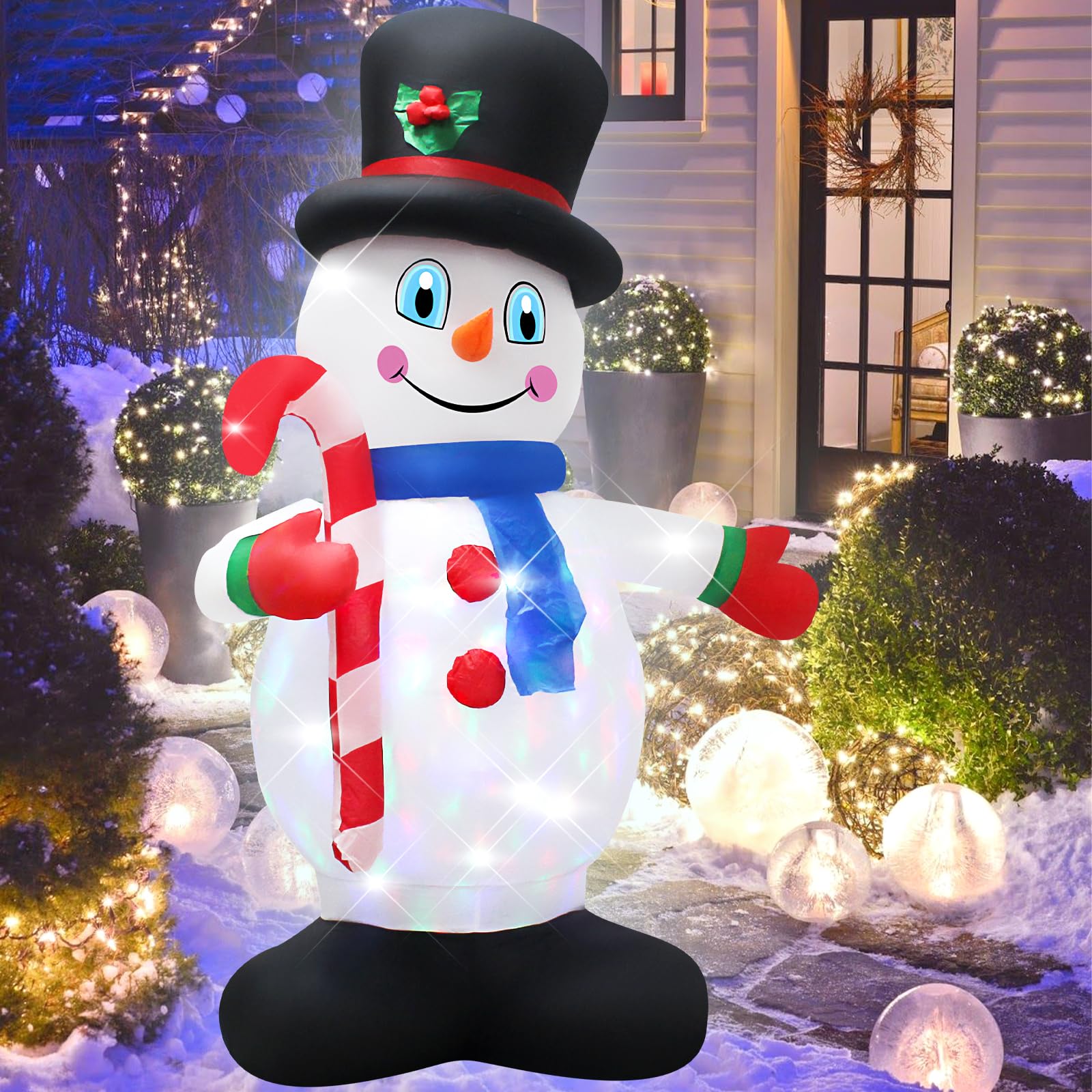 5 Foot Christmas Inflatable White Snowman with LED Lights Decoration,Cute Gentleman Snowman Hold a Cane Christmas Indoor Outdoor Blow up Decoration-WM-21