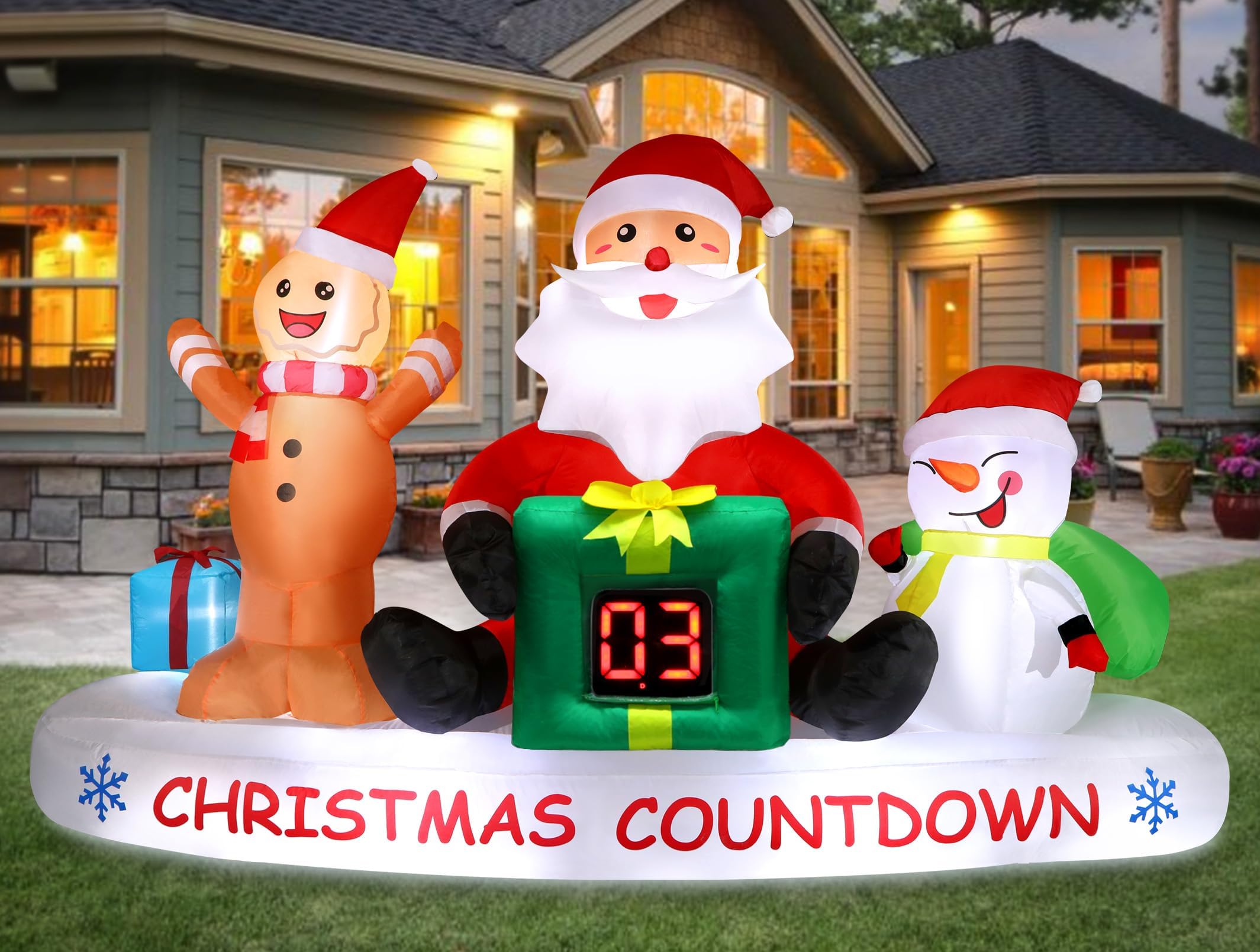 Alupssuc 8 FT Christmas Inflatable Outdoor Decorations with LED Christmas Countdown Clock, Snowman Santa and Gingerbread Man, Lighted Blow Up Lawn Yard Clearance for Indoor Xmas Holiday Party Decor