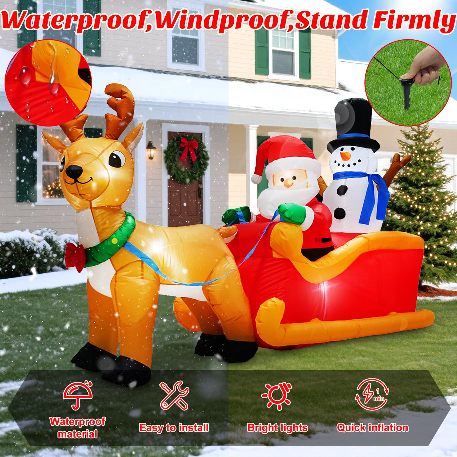 MICOCAH 6.6FT Long Christmas Inflatables Santa Claus on Sleigh with Snowman & Reindeer Outdoor Decorations, Giant Blow Up Yard Décor Build in LEDs & Tethers Stakes for Holiday Xmas Indoor Patio Lawn