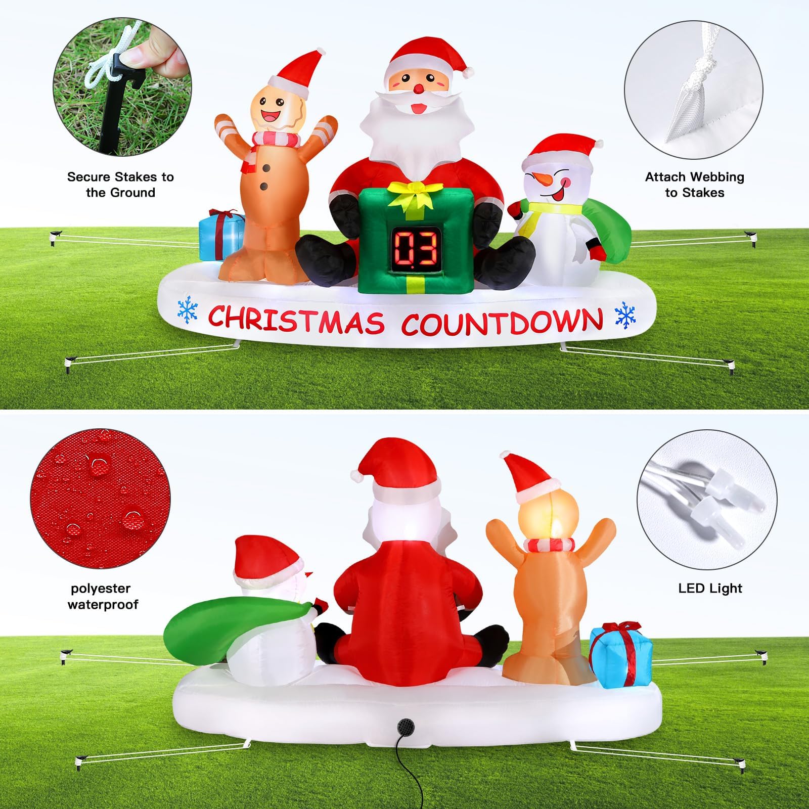 Alupssuc 8 FT Christmas Inflatable Outdoor Decorations with LED Christmas Countdown Clock, Snowman Santa and Gingerbread Man, Lighted Blow Up Lawn Yard Clearance for Indoor Xmas Holiday Party Decor