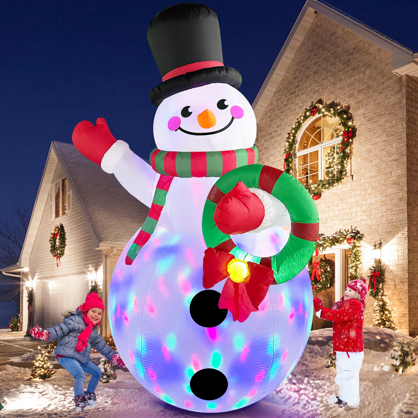 MICOCAH 8 FT Tall Christmas Inflatables Outdoor Decorations, Blow Up Snowman Holding Garland with Rotating Colorful LEDs Yard Decoration for Holiday Party Indoor Lawn Xmas Garden Decor