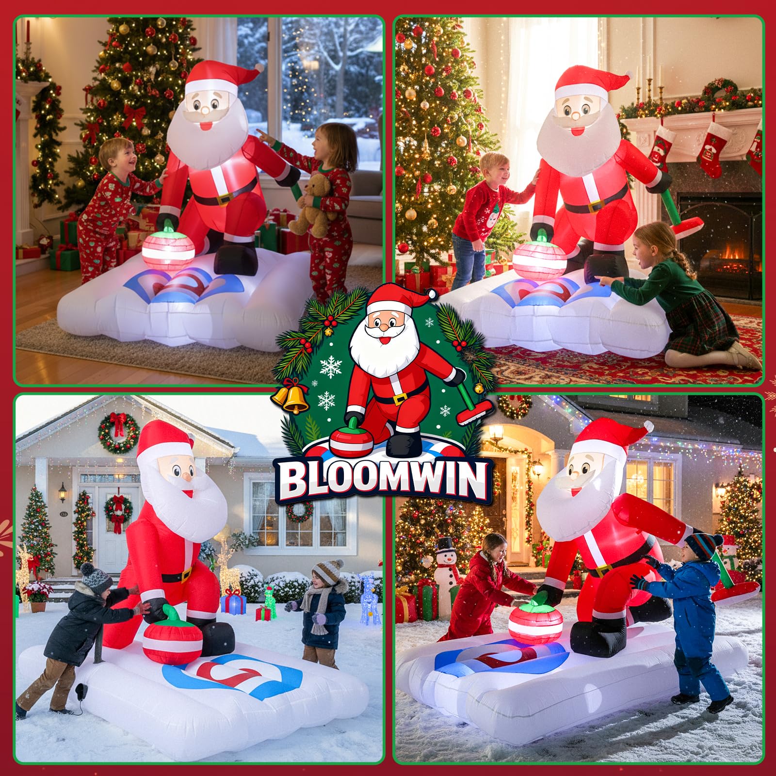 BLOOMWIN Christmas Inflatable Outdoor Decoration 7Ft x 6Ft Santa Claus Playing Curling with Built-in LED Lights, Blow Up Decorations for Yard Gardern Lawn Xmas Party Indoor Christmas Holiday