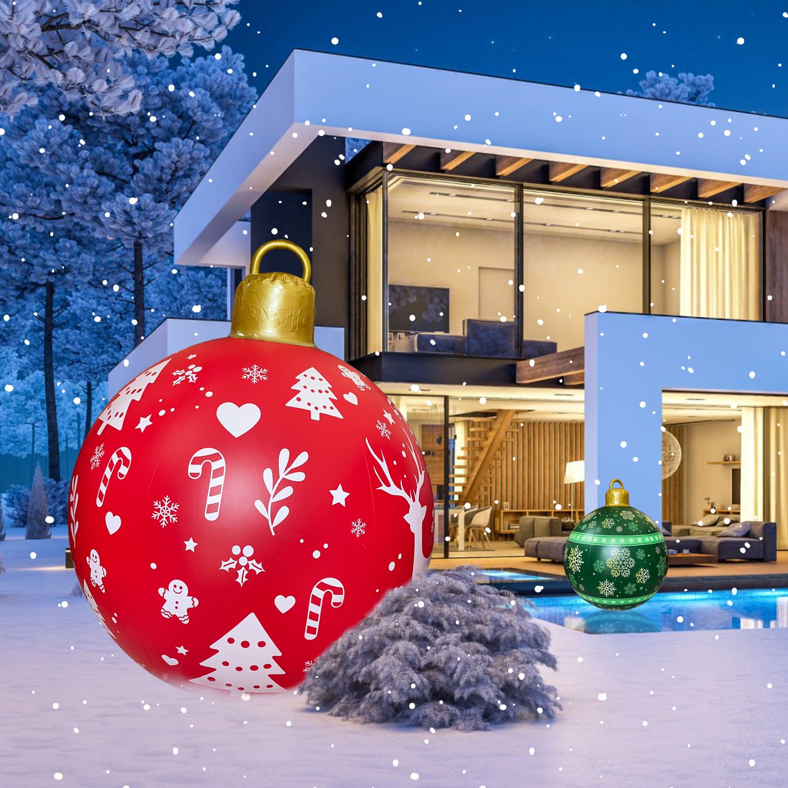 2Pcs Inflatable Christmas Balls, Outdoor Christmas Decorations with Rope, Xmas Decorations, Christmas Inflatables for Outside Indoor Holiday Yard Lawn Pool Decor, 24 Inch