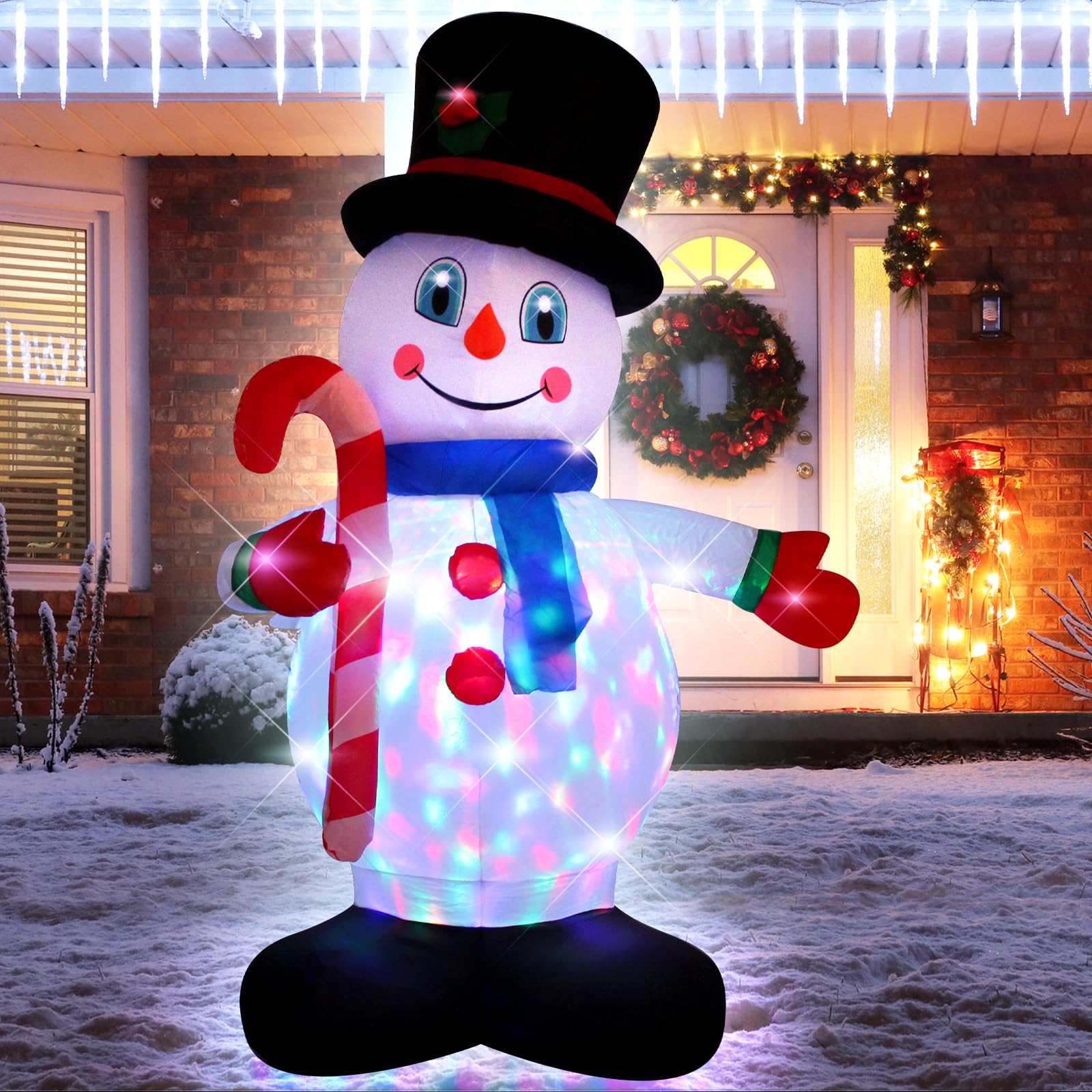5 Foot Christmas Inflatable White Snowman with LED Lights Decoration,Cute Gentleman Snowman Hold a Cane Christmas Indoor Outdoor Blow up Decoration-WM-21