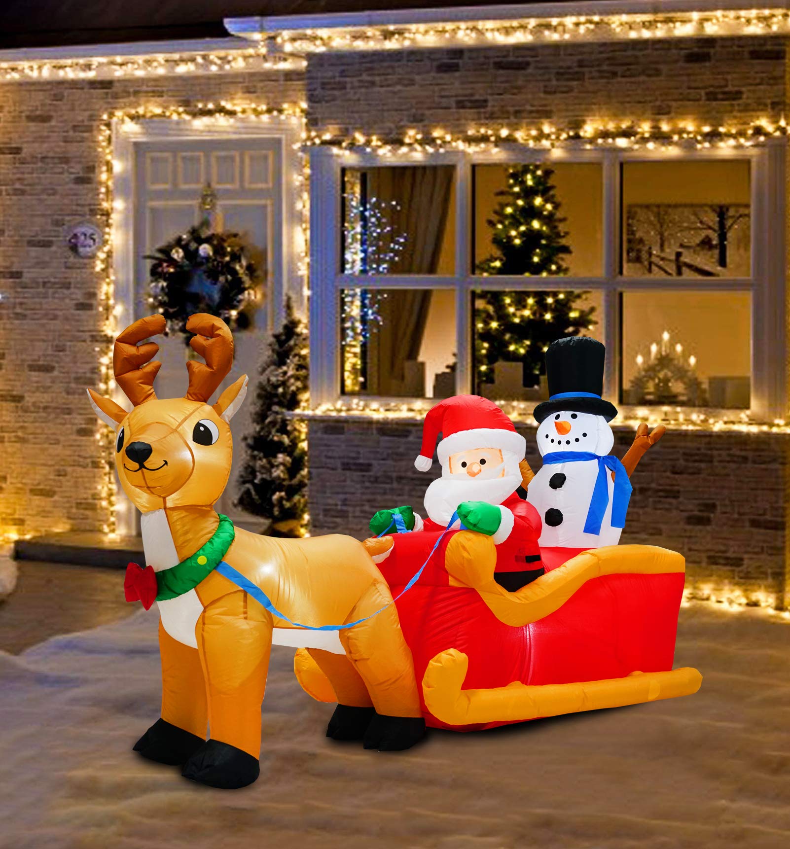 inslife 6.5FT Length Christmas Inflatable Santa Claus on Sleigh with Snowman and Reindeer Outdoor Decorations, Built-in LED Lights Xmas Blow up Santa Inflatables for Xmas Indoor Outdoor Decoration