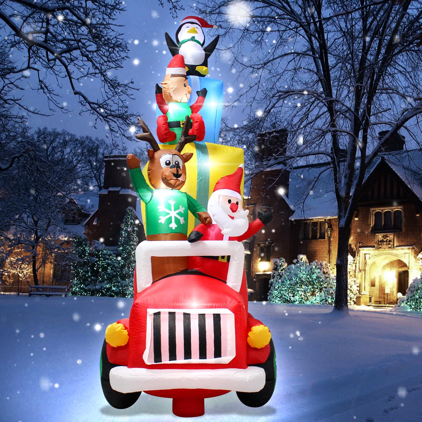 9FT Christmas Car Inflatable Outdoor Decoration with LED Lights,Blow up Penguin Santa Deer Elf and Presents on The Car,Christmas Holiday Outdoor Indoor Lighted Decoration