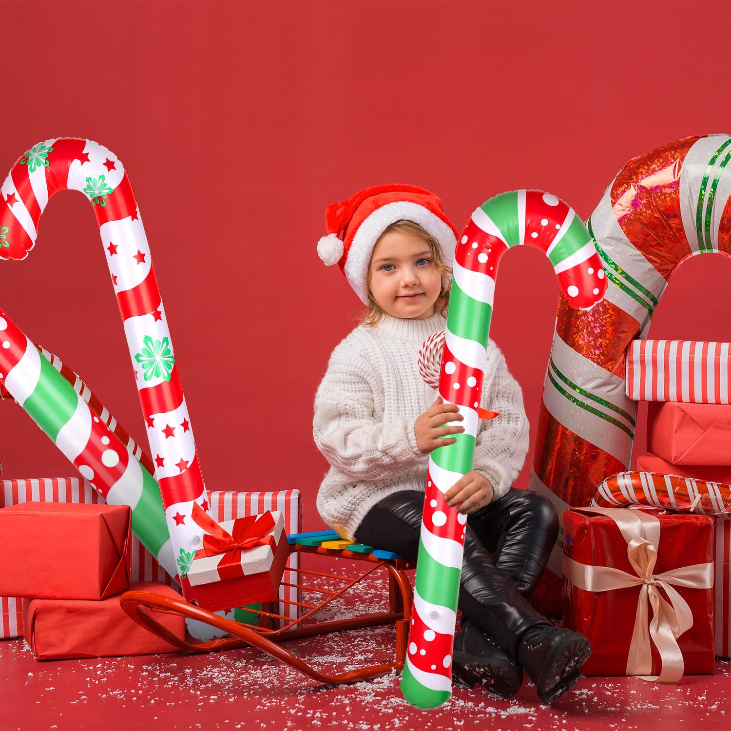 4pcs Inflatable Candy Canes, 34.6 Inch Giant Christmas Candy Canes Decorations Large Candy Cane Foil Balloons Ornaments Pool Floats for Indoor Outdoor Xmas Decors (Style 3)