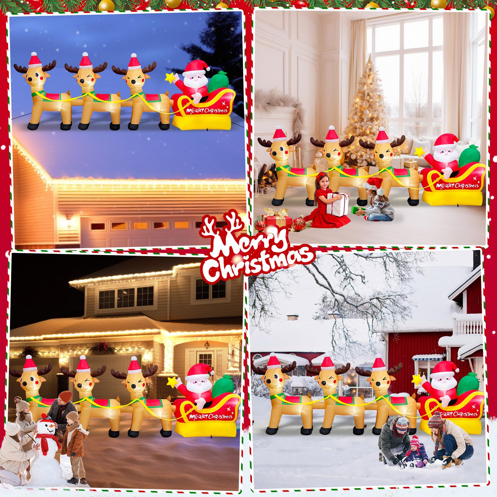 10 FT Long Chrismas Inflatable Santa Claus On Sleigh Pulled by 3 Reindeers Outdoor Decorations, Blow Up Yard Decoration Build in LEDs Lighted for Xmas Holiday Garden Lawn Patio Roof Décor