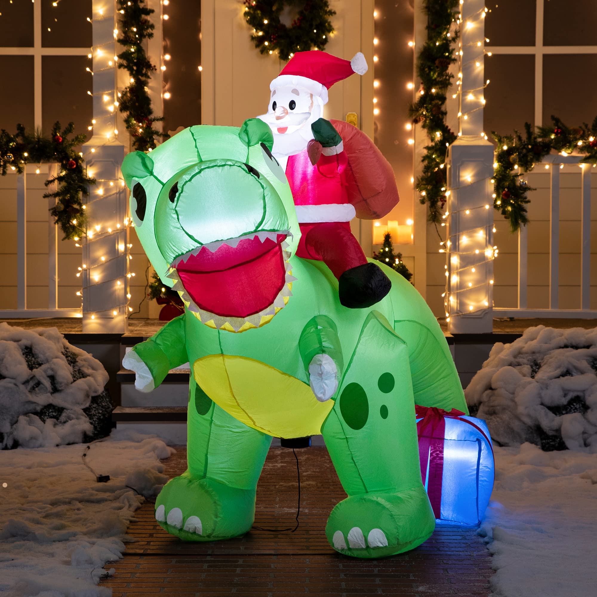 Joiedomi 6 FT Christmas Inflatable Dinosaur with Build-in LEDs, Blow Up Dinosaur with Santa for Christmas Inflatable Outdoor Decoration Xmas Party Indoor, Outdoor, Yard, Garden, Lawn Winter Décor