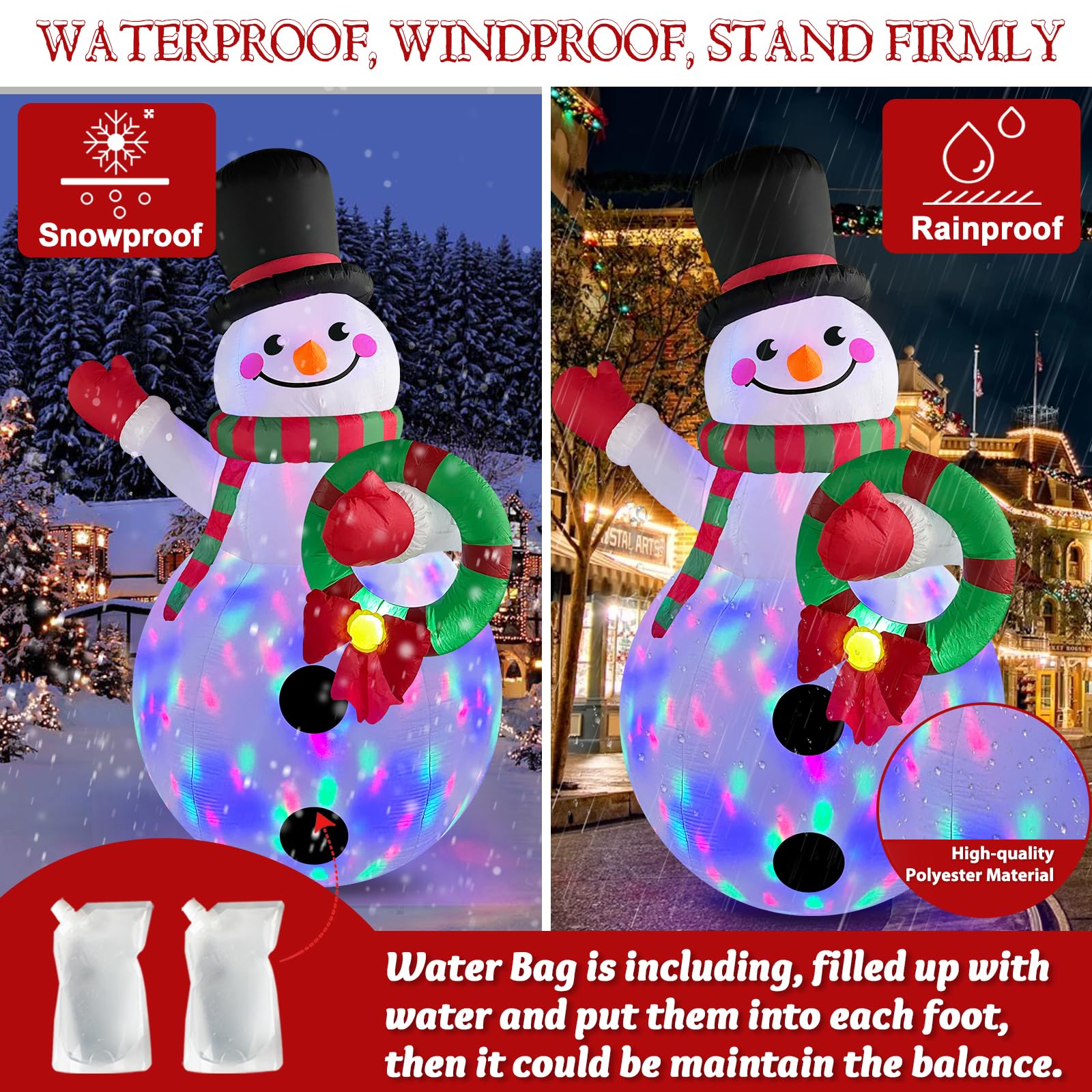 Danxilu 8 FT Christmas Inflatable Snowman with Colorful Rotating Led Lights Outdoor Yard Decorations, Blow up Snowman with Wreath and Cheerful Waving Xmas Decor for Garden Lawn Porch Holiday Party