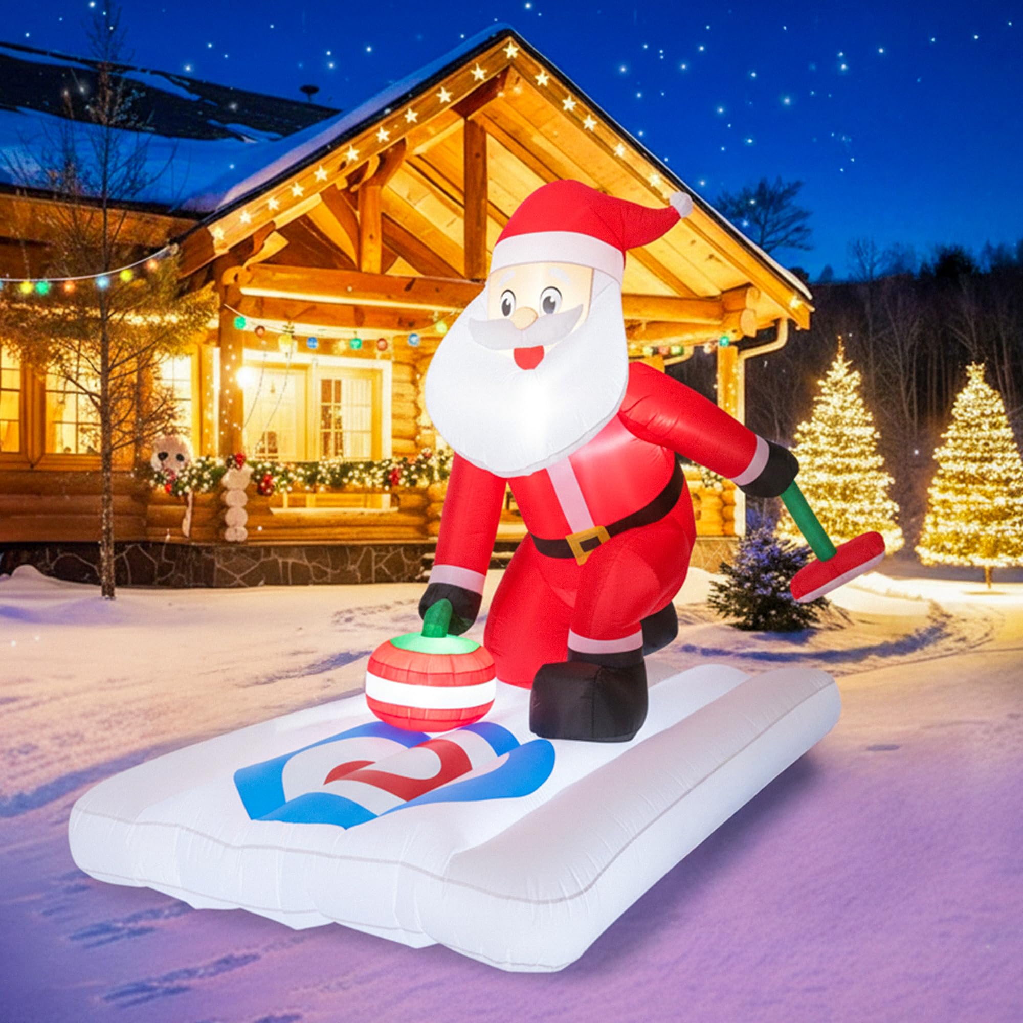 BLOOMWIN Christmas Inflatable Outdoor Decoration 7Ft x 6Ft Santa Claus Playing Curling with Built-in LED Lights, Blow Up Decorations for Yard Gardern Lawn Xmas Party Indoor Christmas Holiday
