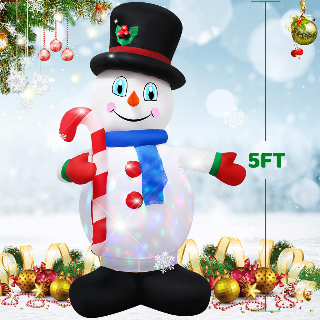 5 Foot Christmas Inflatable White Snowman with LED Lights Decoration,Cute Gentleman Snowman Hold a Cane Christmas Indoor Outdoor Blow up Decoration-WM-21