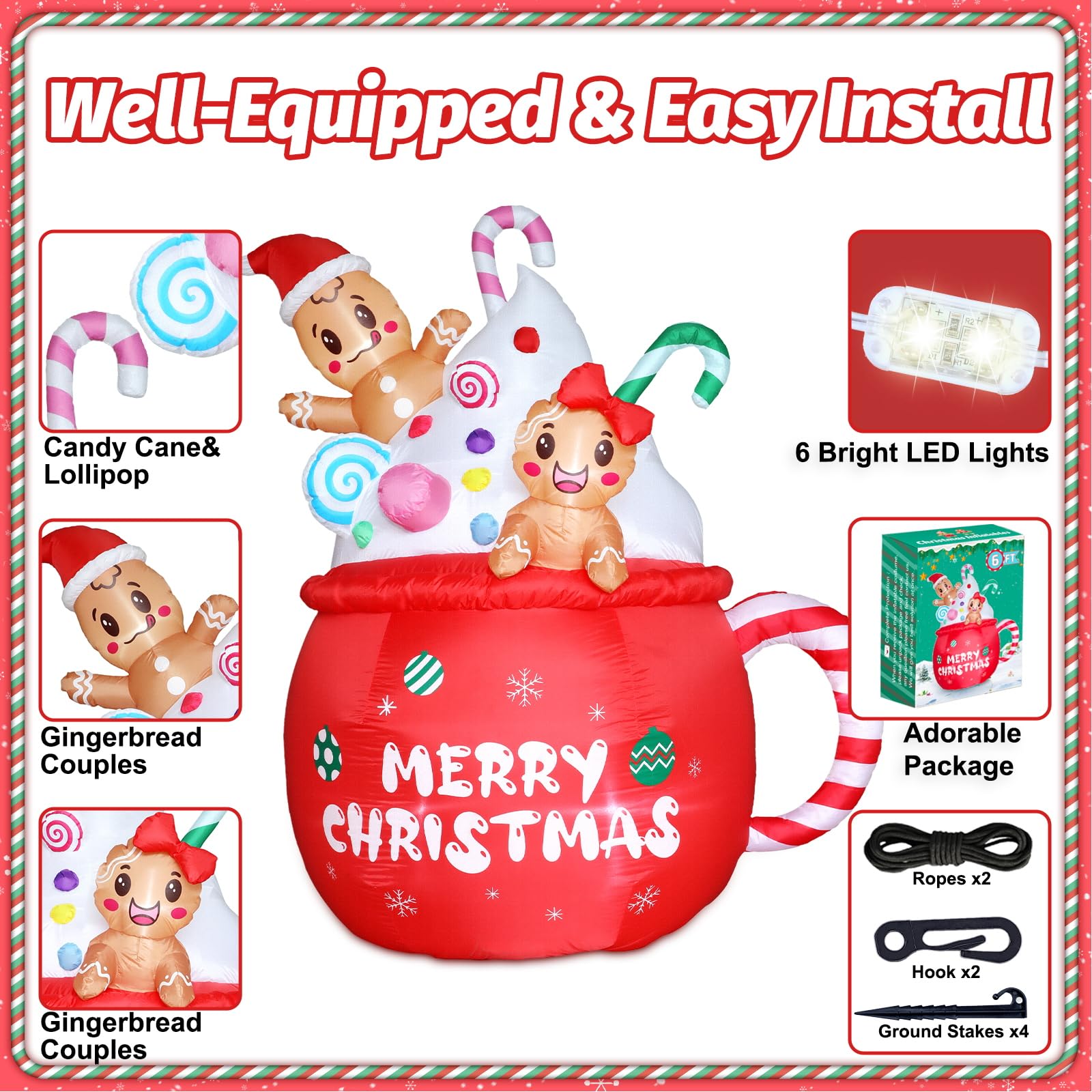 Christmas Inflatable Outdoor Decorations 6FT Gingerbread Inflatables Christmas Blow Up Gingerbread Man Hot Cocoa Mug Candy Cane Yard Decor with Led Lights Xmas Holiday Garden Lawn Outside Decor