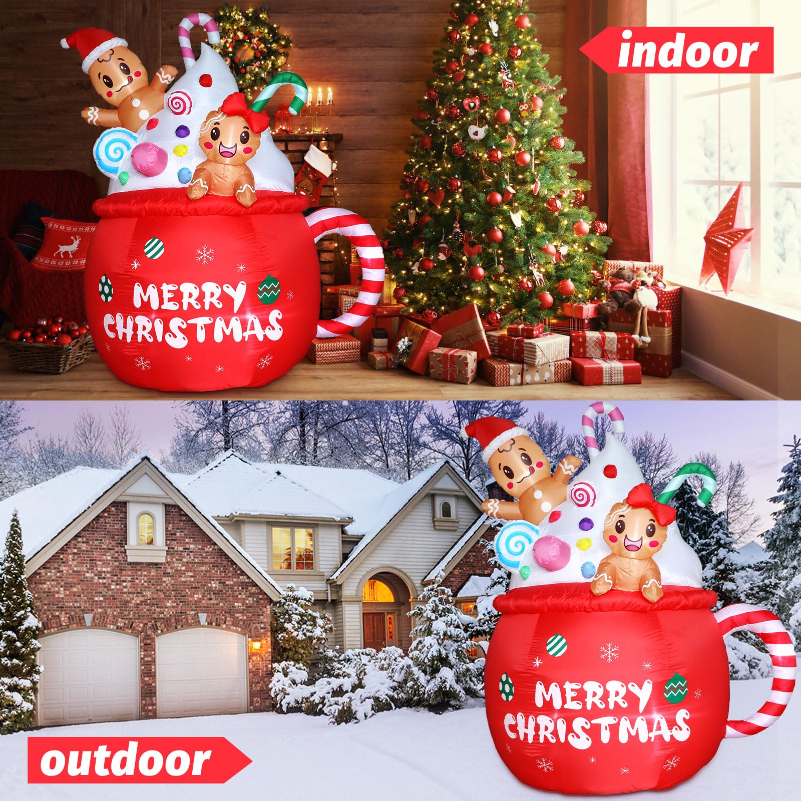 Christmas Inflatable Outdoor Decorations 6FT Gingerbread Inflatables Christmas Blow Up Gingerbread Man Hot Cocoa Mug Candy Cane Yard Decor with Led Lights Xmas Holiday Garden Lawn Outside Decor