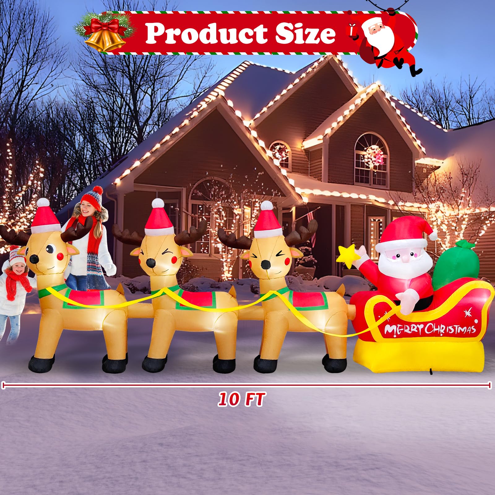 10 FT Long Chrismas Inflatable Santa Claus On Sleigh Pulled by 3 Reindeers Outdoor Decorations, Blow Up Yard Decoration Build in LEDs Lighted for Xmas Holiday Garden Lawn Patio Roof Décor