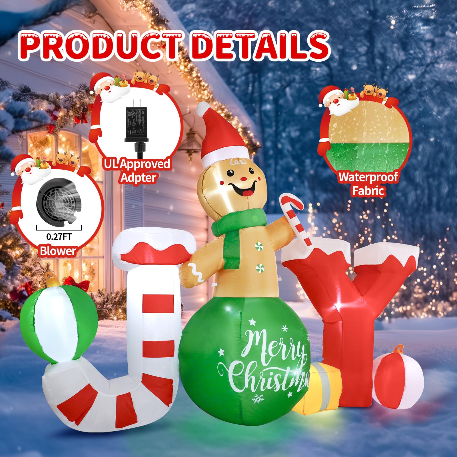 Christmas Inflatables Outdoor Decorations, 6 X 8 FT Gingerbread Large Blow Up Yard Decor with 7 LED Lights, Christmas Party Outdoor, Yard, Garden, Lawn Winter Decorations Ornaments