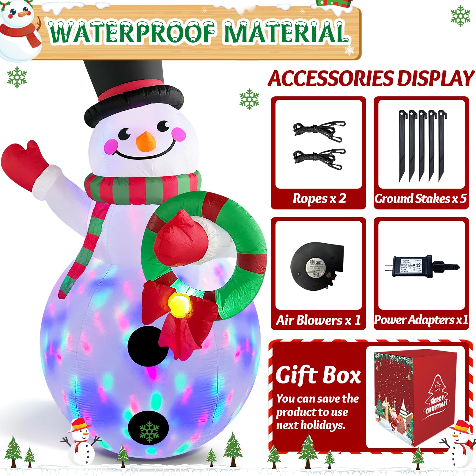 Danxilu 8 FT Christmas Inflatable Snowman with Colorful Rotating Led Lights Outdoor Yard Decorations, Blow up Snowman with Wreath and Cheerful Waving Xmas Decor for Garden Lawn Porch Holiday Party