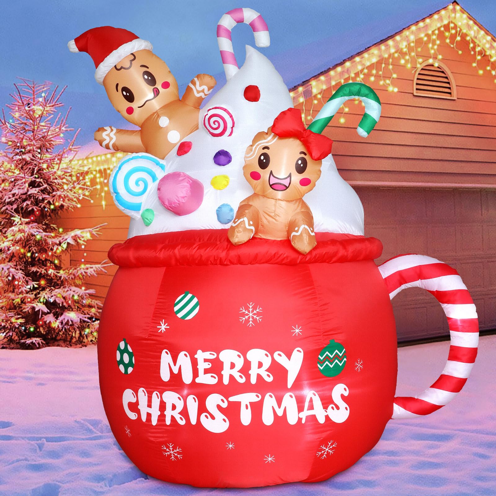 Christmas Inflatable Outdoor Decorations 6FT Gingerbread Inflatables Christmas Blow Up Gingerbread Man Hot Cocoa Mug Candy Cane Yard Decor with Led Lights Xmas Holiday Garden Lawn Outside Decor