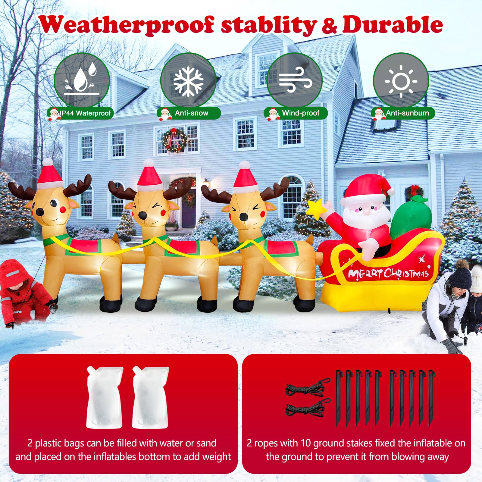 10 FT Long Chrismas Inflatable Santa Claus On Sleigh Pulled by 3 Reindeers Outdoor Decorations, Blow Up Yard Decoration Build in LEDs Lighted for Xmas Holiday Garden Lawn Patio Roof Décor