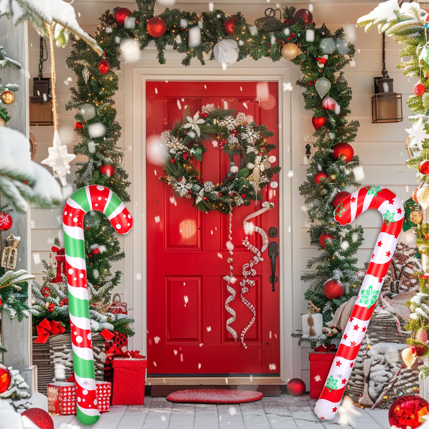 4pcs Inflatable Candy Canes, 34.6 Inch Giant Christmas Candy Canes Decorations Large Candy Cane Foil Balloons Ornaments Pool Floats for Indoor Outdoor Xmas Decors (Style 3)