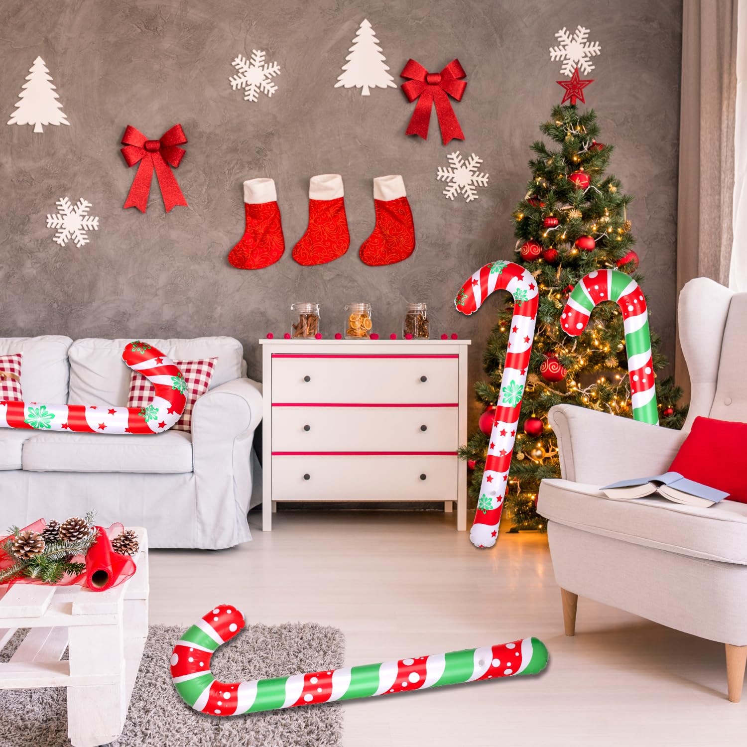 4pcs Inflatable Candy Canes, 34.6 Inch Giant Christmas Candy Canes Decorations Large Candy Cane Foil Balloons Ornaments Pool Floats for Indoor Outdoor Xmas Decors (Style 3)