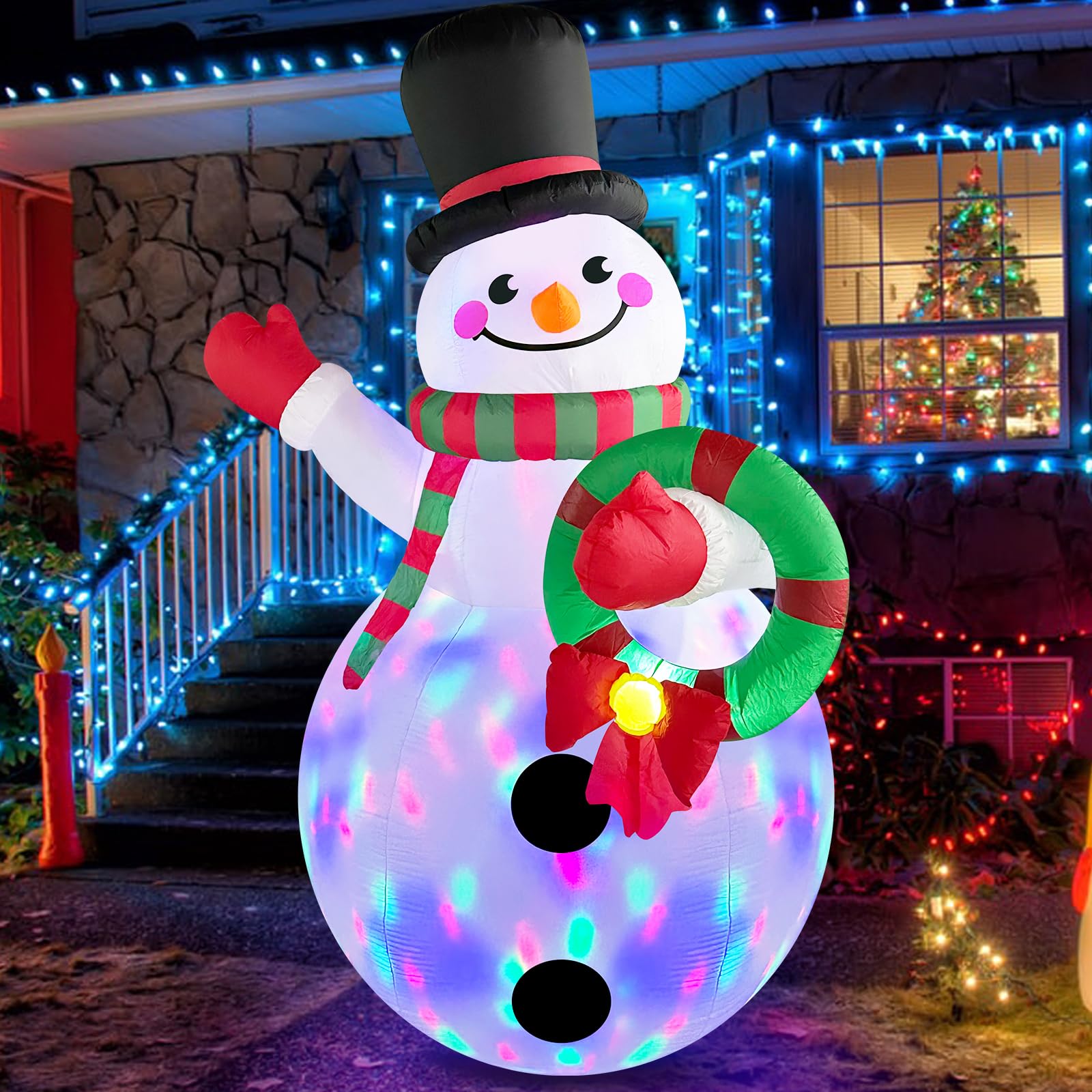 MICOCAH 8 FT Tall Christmas Inflatables Outdoor Decorations, Blow Up Snowman Holding Garland with Rotating Colorful LEDs Yard Decoration for Holiday Party Indoor Lawn Xmas Garden Decor