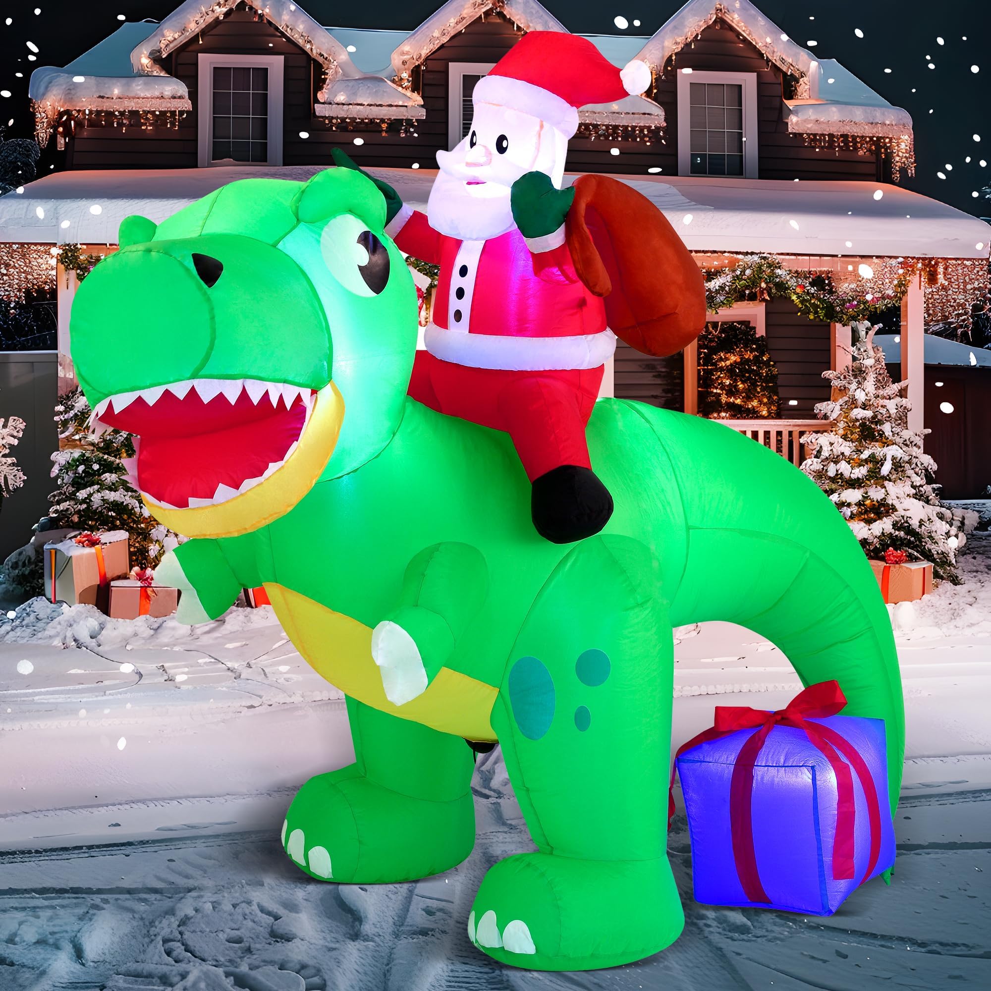 Joiedomi 6 FT Christmas Inflatable Dinosaur with Build-in LEDs, Blow Up Dinosaur with Santa for Christmas Inflatable Outdoor Decoration Xmas Party Indoor, Outdoor, Yard, Garden, Lawn Winter Décor