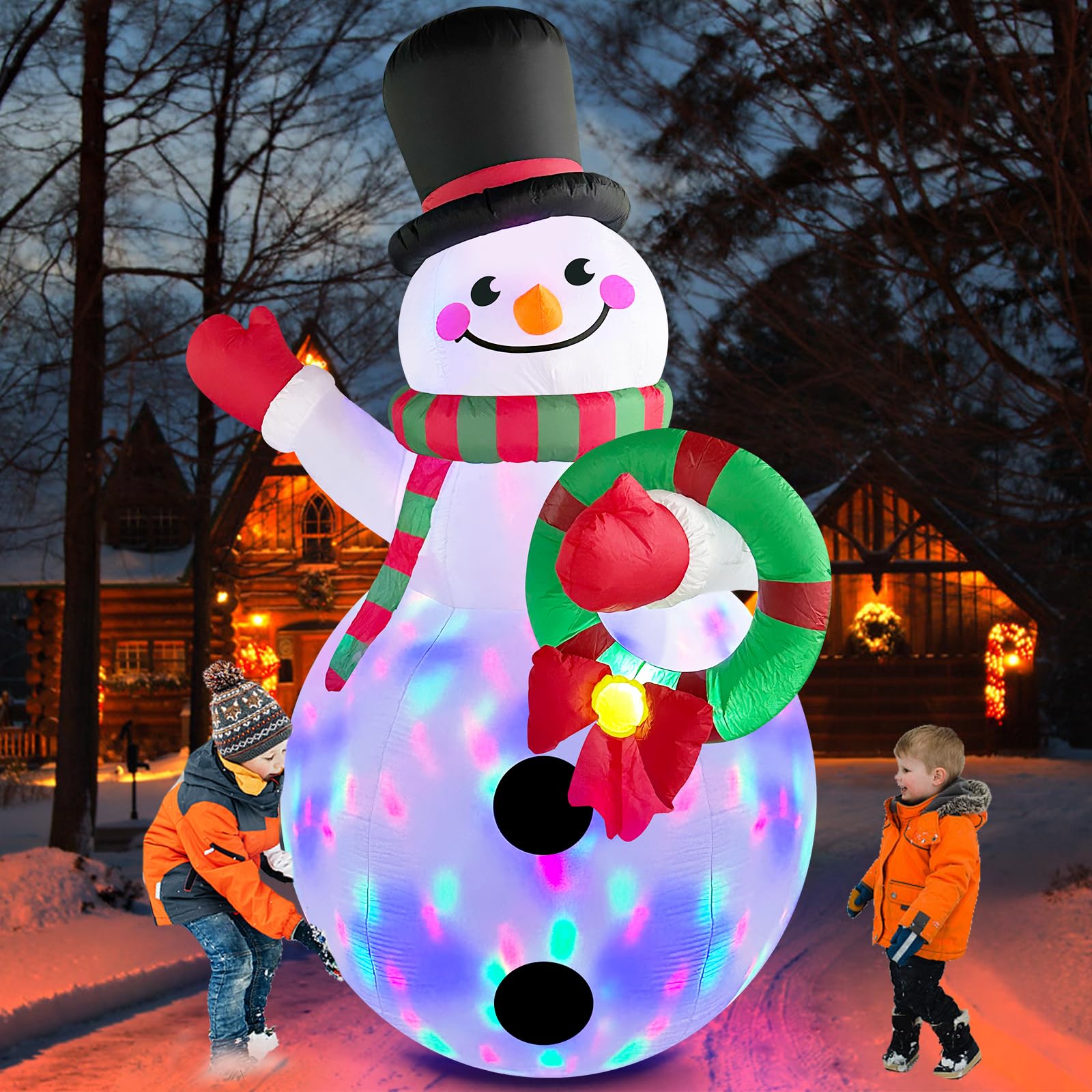 MICOCAH 8 FT Tall Christmas Inflatables Outdoor Decorations, Blow Up Snowman Holding Garland with Rotating Colorful LEDs Yard Decoration for Holiday Party Indoor Lawn Xmas Garden Decor