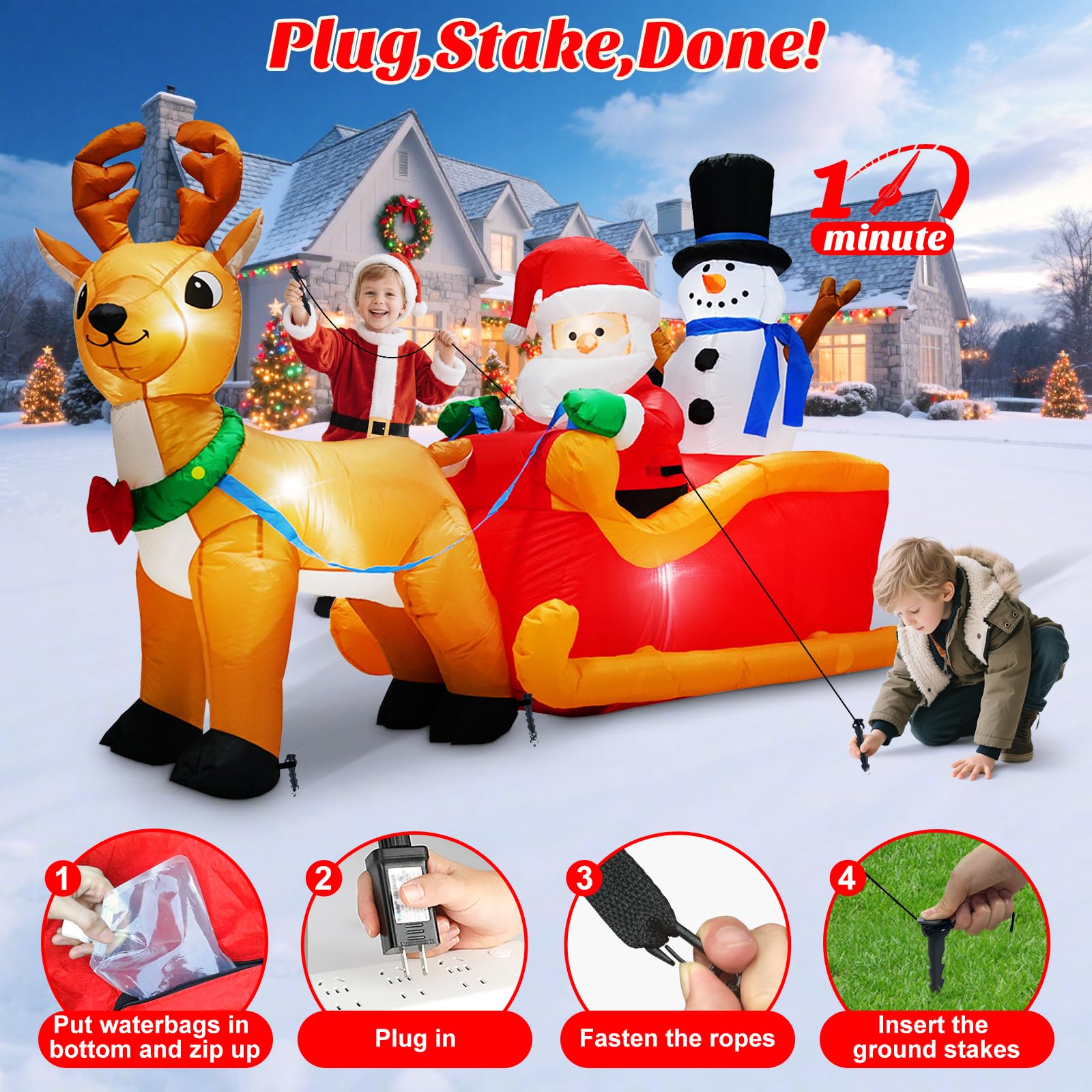 MICOCAH 6.6FT Long Christmas Inflatables Santa Claus on Sleigh with Snowman & Reindeer Outdoor Decorations, Giant Blow Up Yard Décor Build in LEDs & Tethers Stakes for Holiday Xmas Indoor Patio Lawn