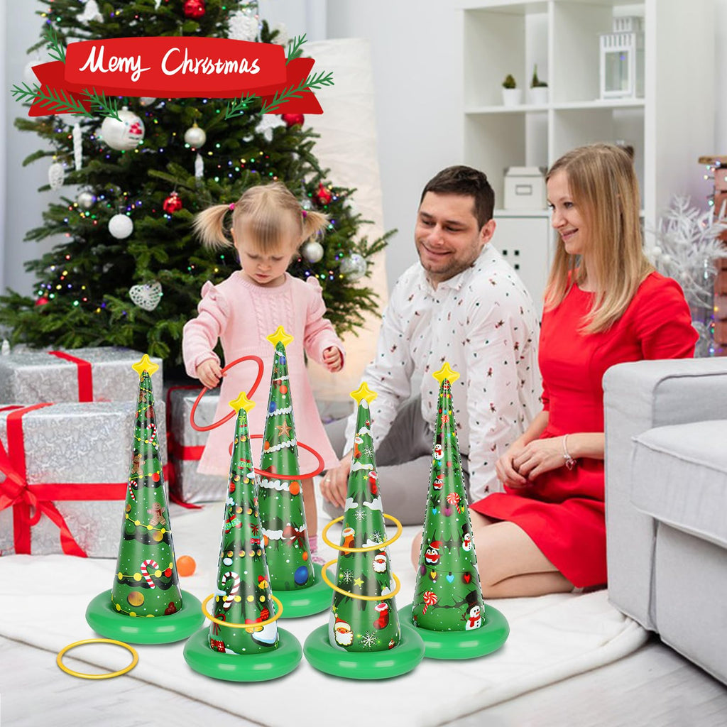 AZEWO 5 Pack Inflatable Christmas Tree Ring Toss Game, PVC Green Inflatable Christmas Tree Game for Indoor & Outdoor, 3+ Players