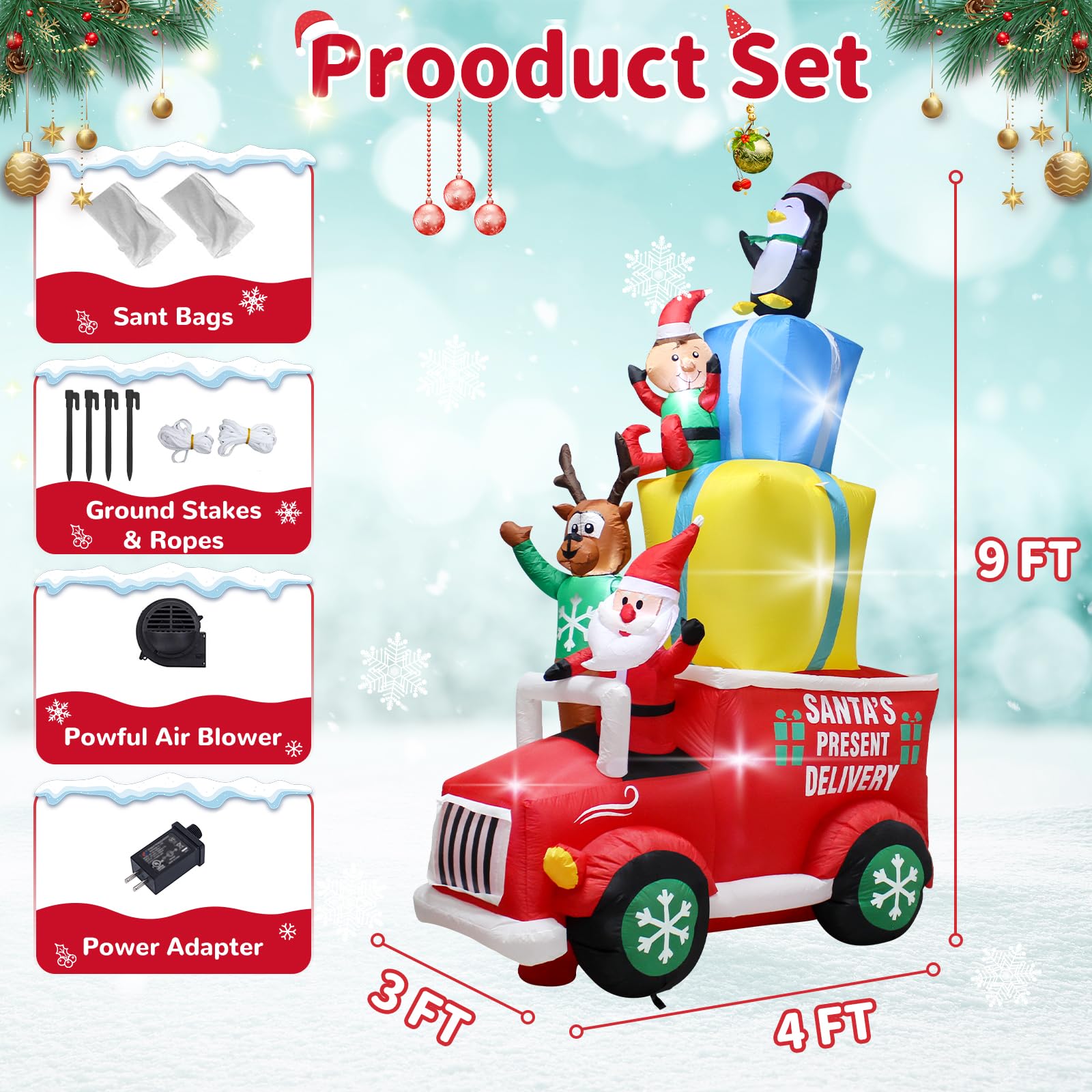 9FT Christmas Car Inflatable Outdoor Decoration with LED Lights,Blow up Penguin Santa Deer Elf and Presents on The Car,Christmas Holiday Outdoor Indoor Lighted Decoration