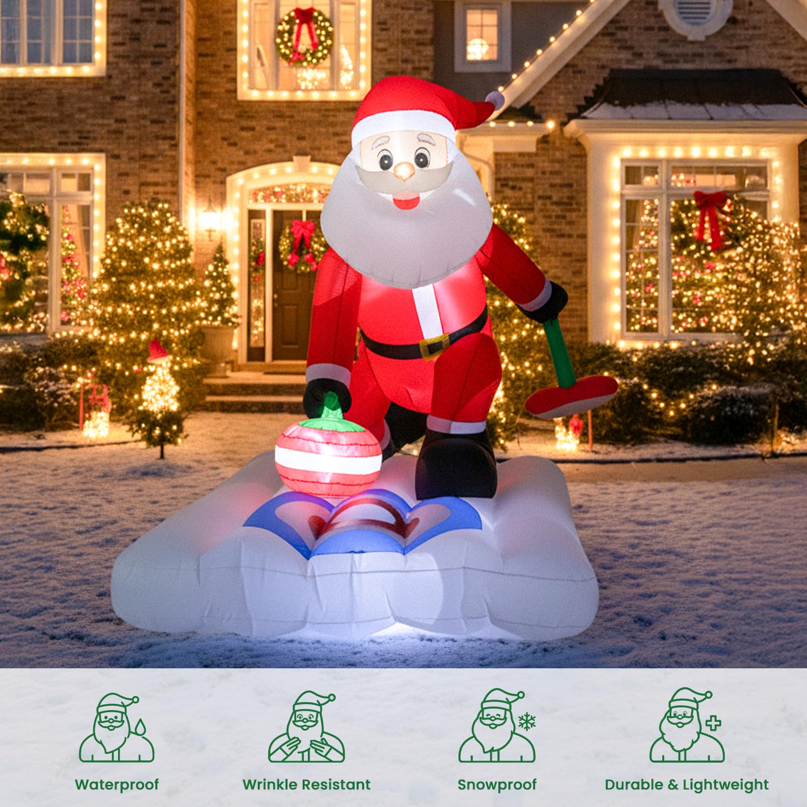 BLOOMWIN Christmas Inflatable Outdoor Decoration 7Ft x 6Ft Santa Claus Playing Curling with Built-in LED Lights, Blow Up Decorations for Yard Gardern Lawn Xmas Party Indoor Christmas Holiday