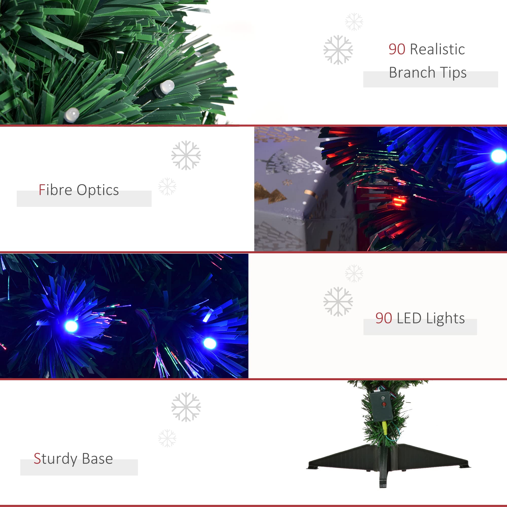 HOMCOM 3FT Prelit Artificial Christmas Tree, Holiday Decoration with Colourful LED Lights and Fiber Optics - Green